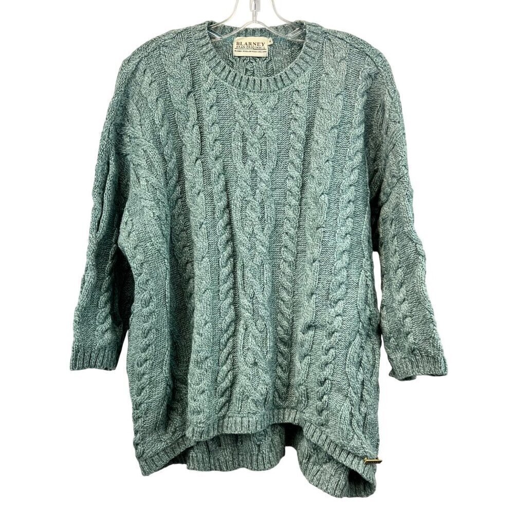 Blarney Aran Originals 3/4 Sleeve Cable Knit Wool Sweater Green Women’s Medium